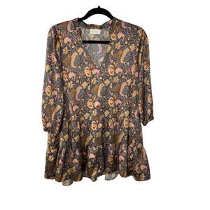 Melloday Tunic Top Dress Floral Tiered‎ V-Neck Boho Peasant Dark Cottagecore M